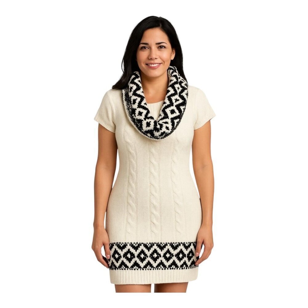 Made For Me to Look Amazing Sweater Dress~Size S~Ivory/Black with Scarf L3 22